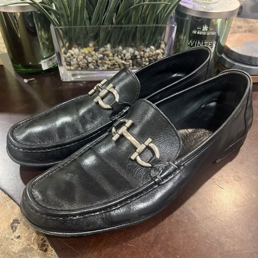 Salvatore Ferragamo Black Loafers Silver Horse Bit Shoe Size 11.5
